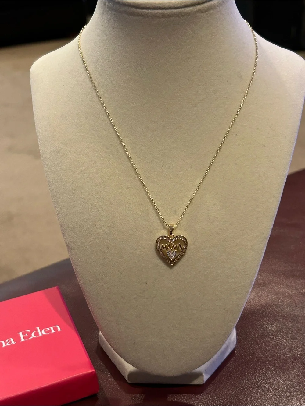Adina Eden 14k Gold Plated 'MAMA' Heart Pendant Necklace with CZ Halo 16-18”